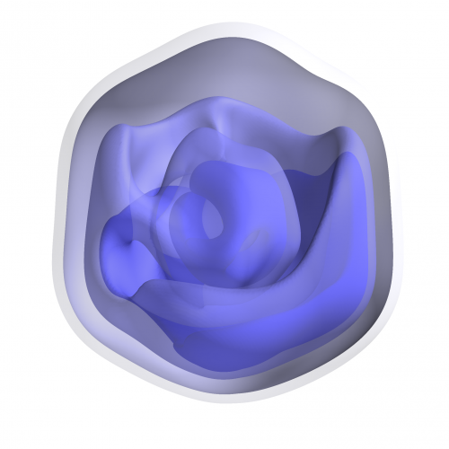 De vele afbeeldingen werden samengevoegd tot een 3D-beeld van het Mimivirus. Hoe blauwer het gebied, hoe groter de dichtheid.