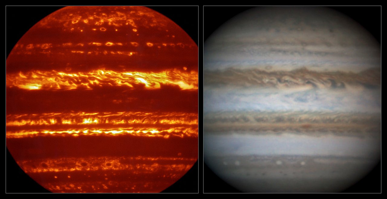 Jupiter in infrarood en zichtbaar licht