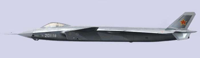 Zijaanzicht van de J-20 naar hoe het ontwerp in 2011 was. Op details kan het ontwerp inmiddels aangepast zijn. (Beeld: Wikimedia Commons - Baiweiflight)