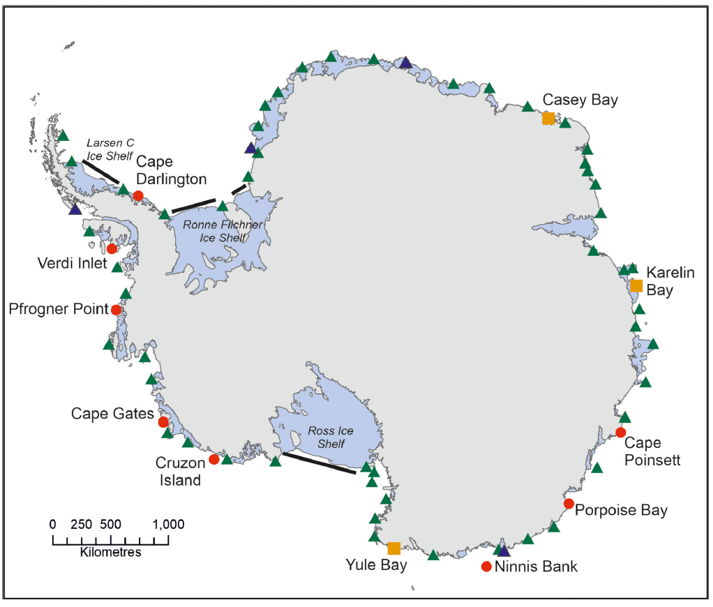 Wetenschappers van , British Antarctic Survey ontdekten acht nieuwe keizerpinguinkolonies (in rood) en herondekte er drie (in geel)