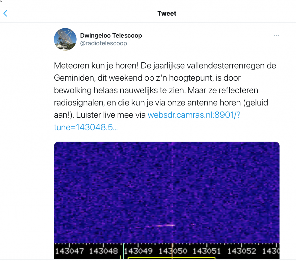 Tweet Dwingeloo telescoop geluid meteoren